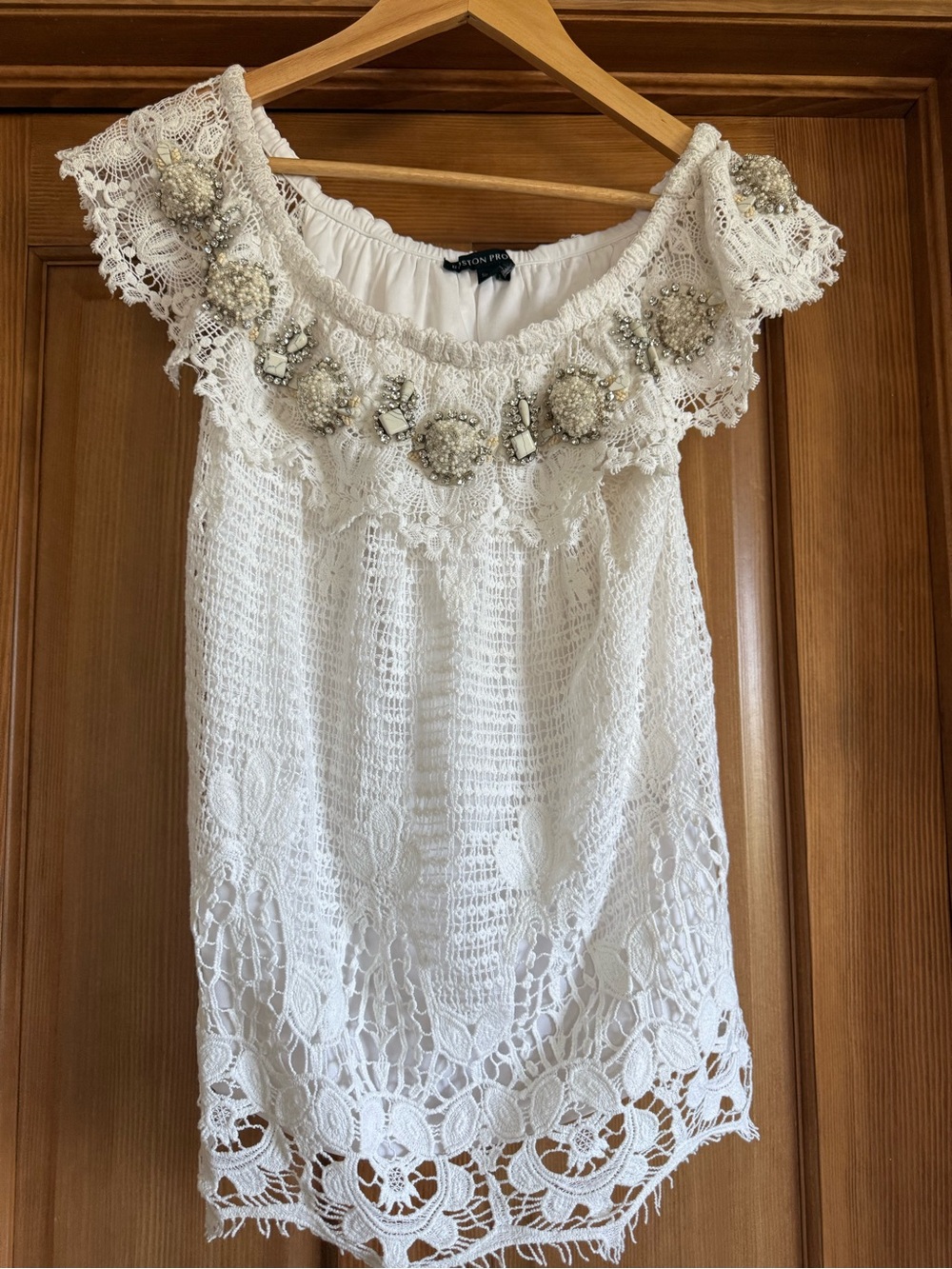 Boston Proper White Crochet Off-Shoulder Tunic with Beaded Neckline